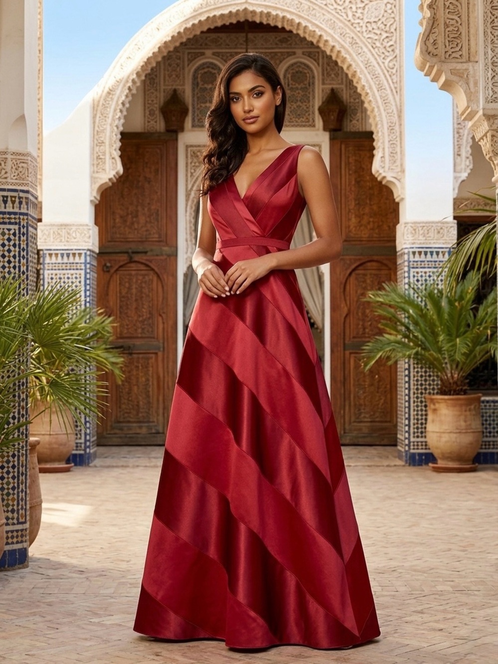 NWT Adrianna Papell Satin Cranberry Diagonal-Panel Maxi Gown size 10